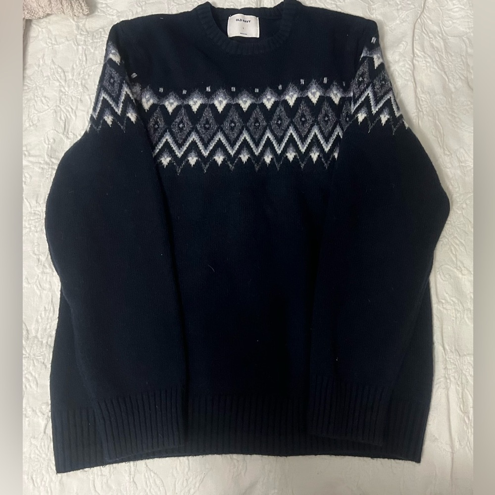 Old Navy Men's Dark Blue Patterned Crewneck Sweater - Picture 2 of 2